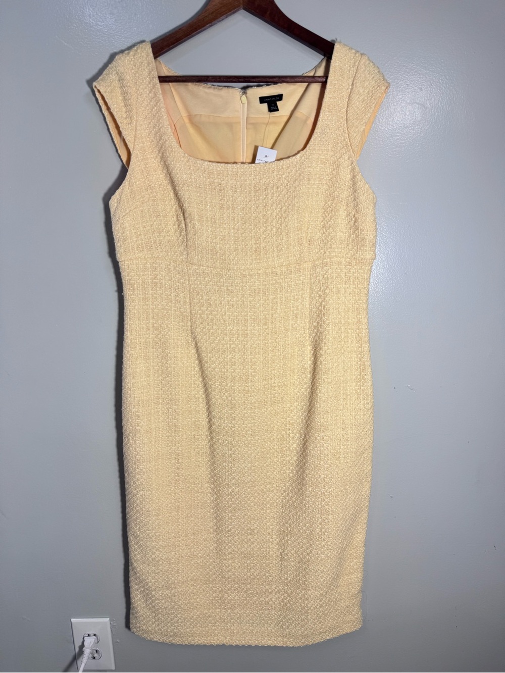 NWT ANN TAYLOR Tweed Sheath Midi Dress Yellow Sz 10 Cap Sleeve - Lined